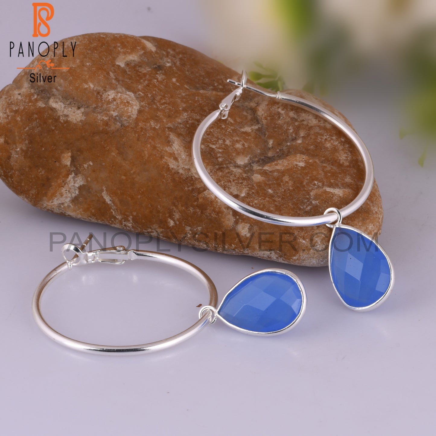 Glass Blue Chalcedony Pear 925 Sterling Silver Earrings