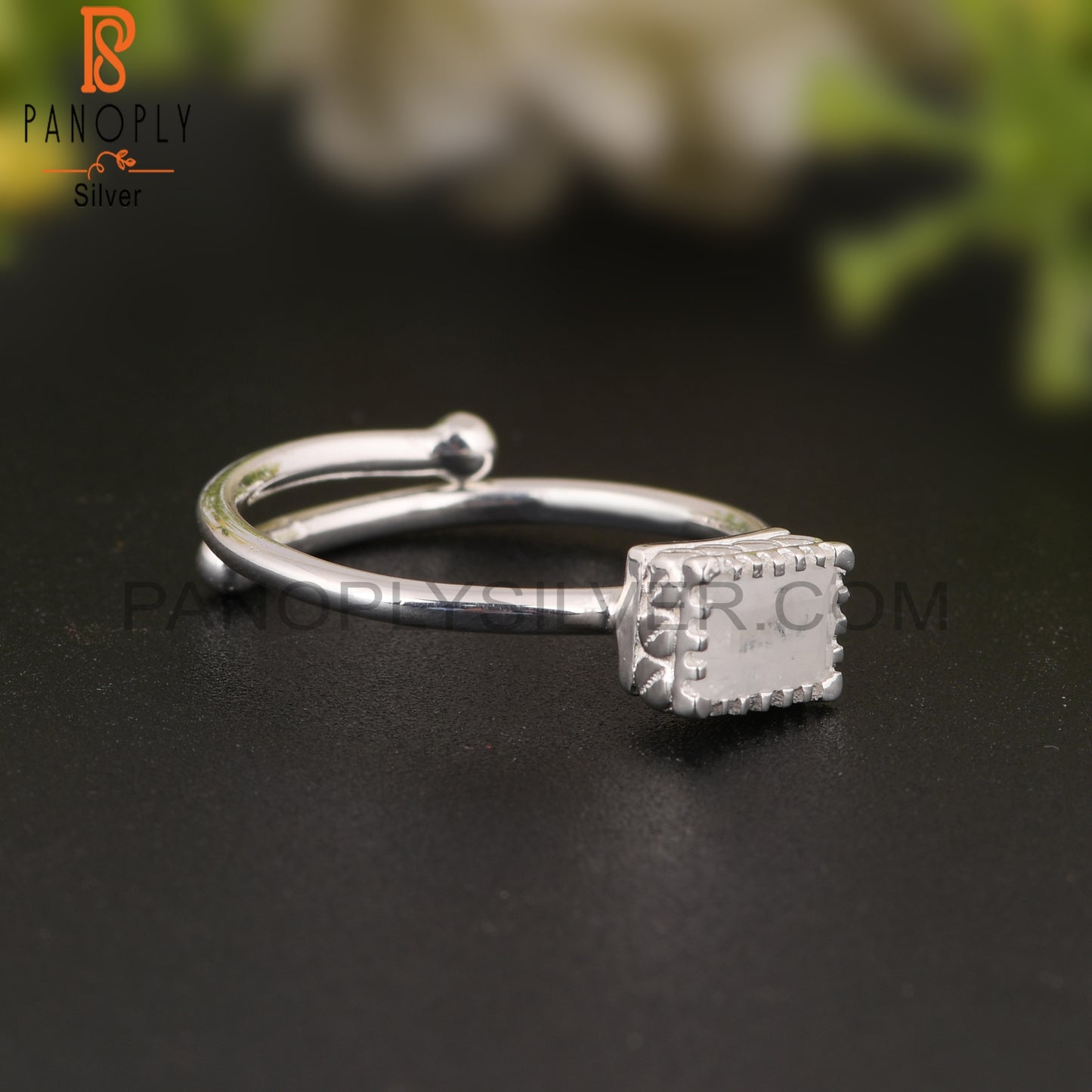 Rainbow Moonstone Beguette Shape 925 Sterling Silver Ring