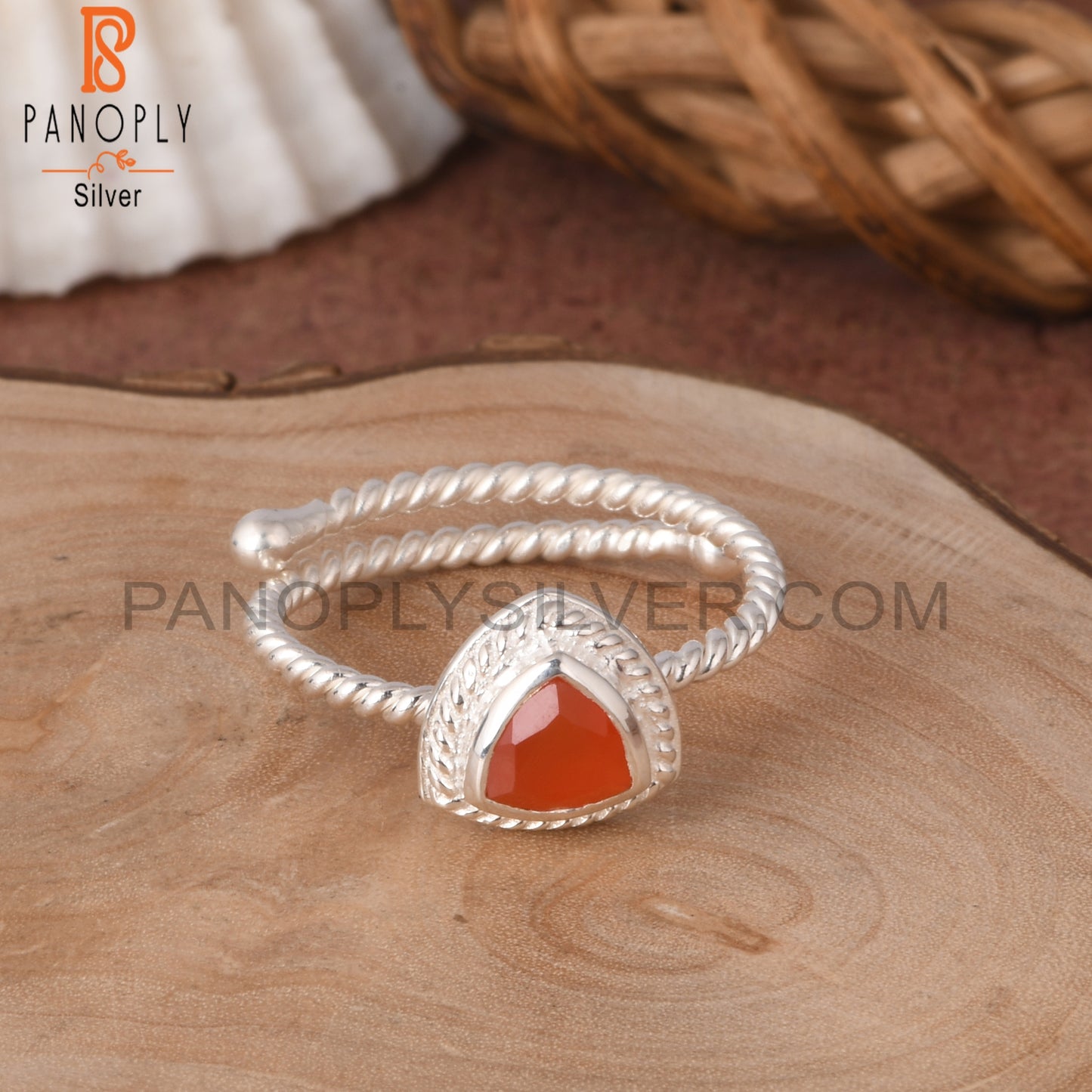 Twist Adjustable Carnelian Trillion 925 Sterling Silver Ring