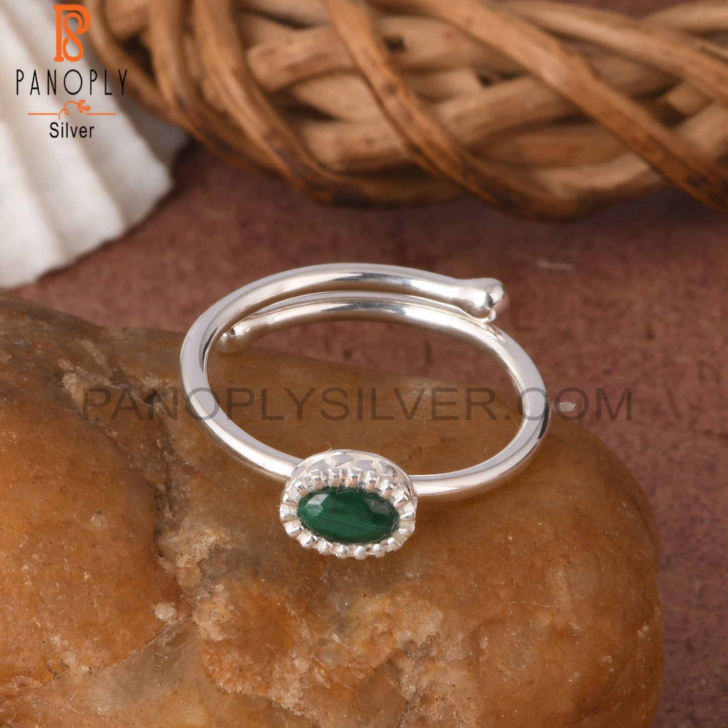 Adjustable Malachite Oval Shape 925 Sterling Silver Ring