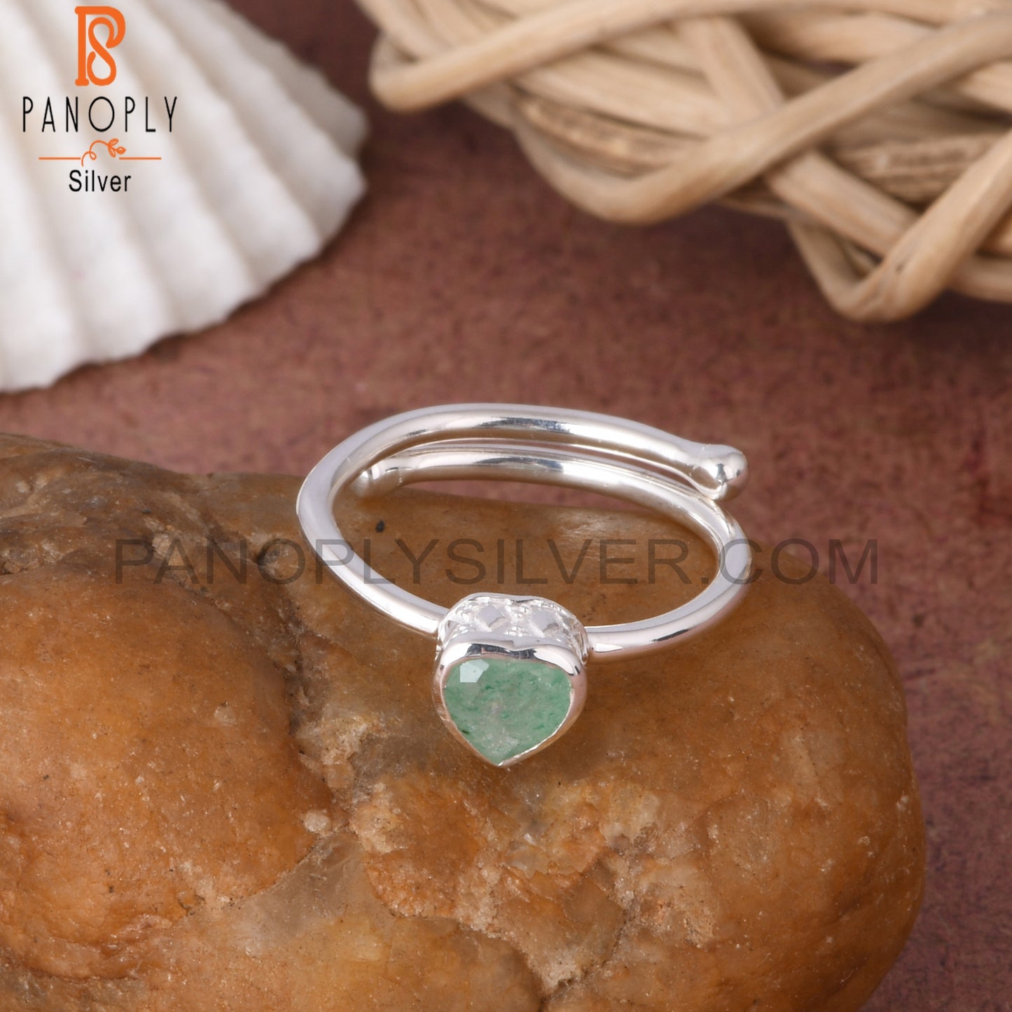 Green Strawberry Quartz Heart Shape 925 Sterling Silver Ring