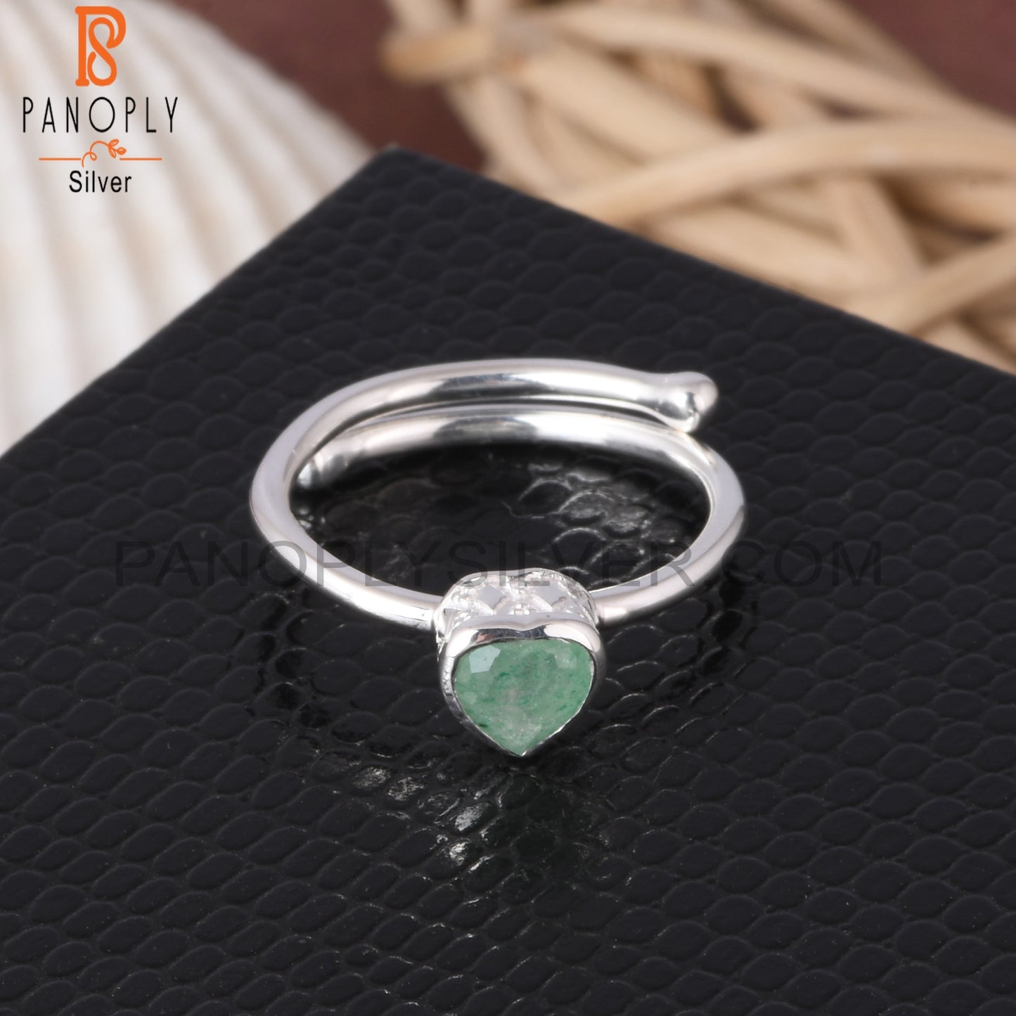 Green Strawberry Quartz Heart Shape 925 Sterling Silver Ring