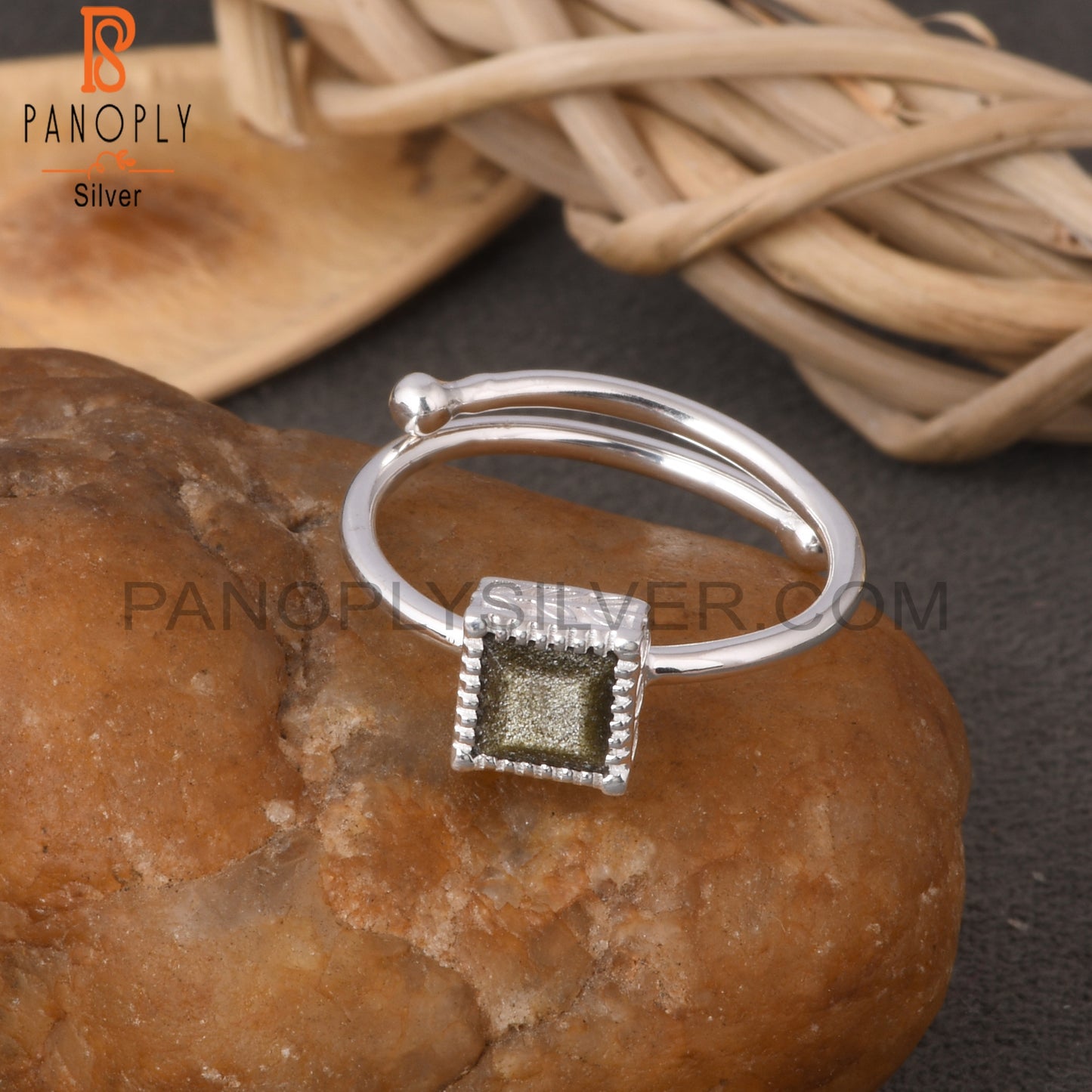 Gold Sheen Obsidian Square Shape 925 Sterling Silver Ring