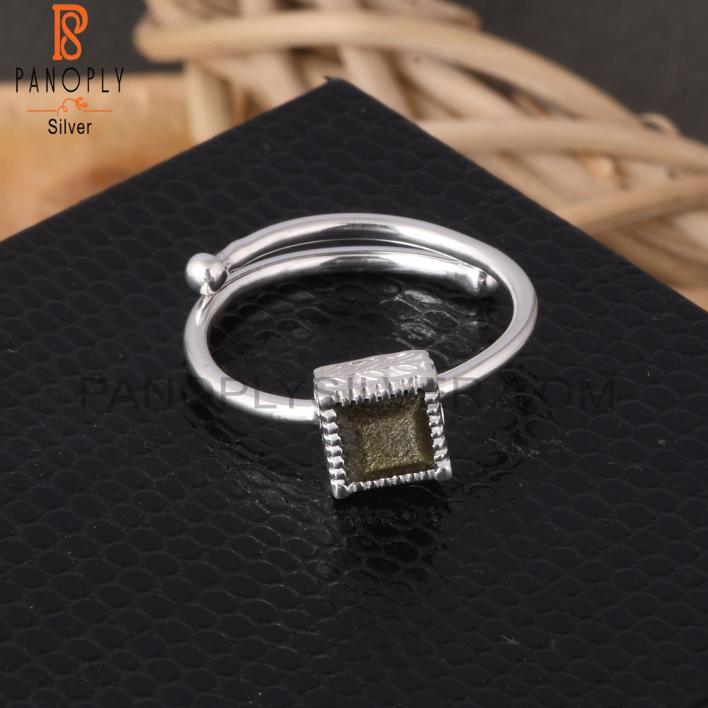 Gold Sheen Obsidian Square Shape 925 Sterling Silver Ring
