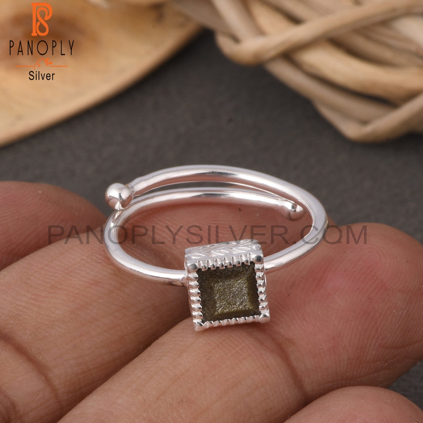 Gold Sheen Obsidian Square Shape 925 Sterling Silver Ring