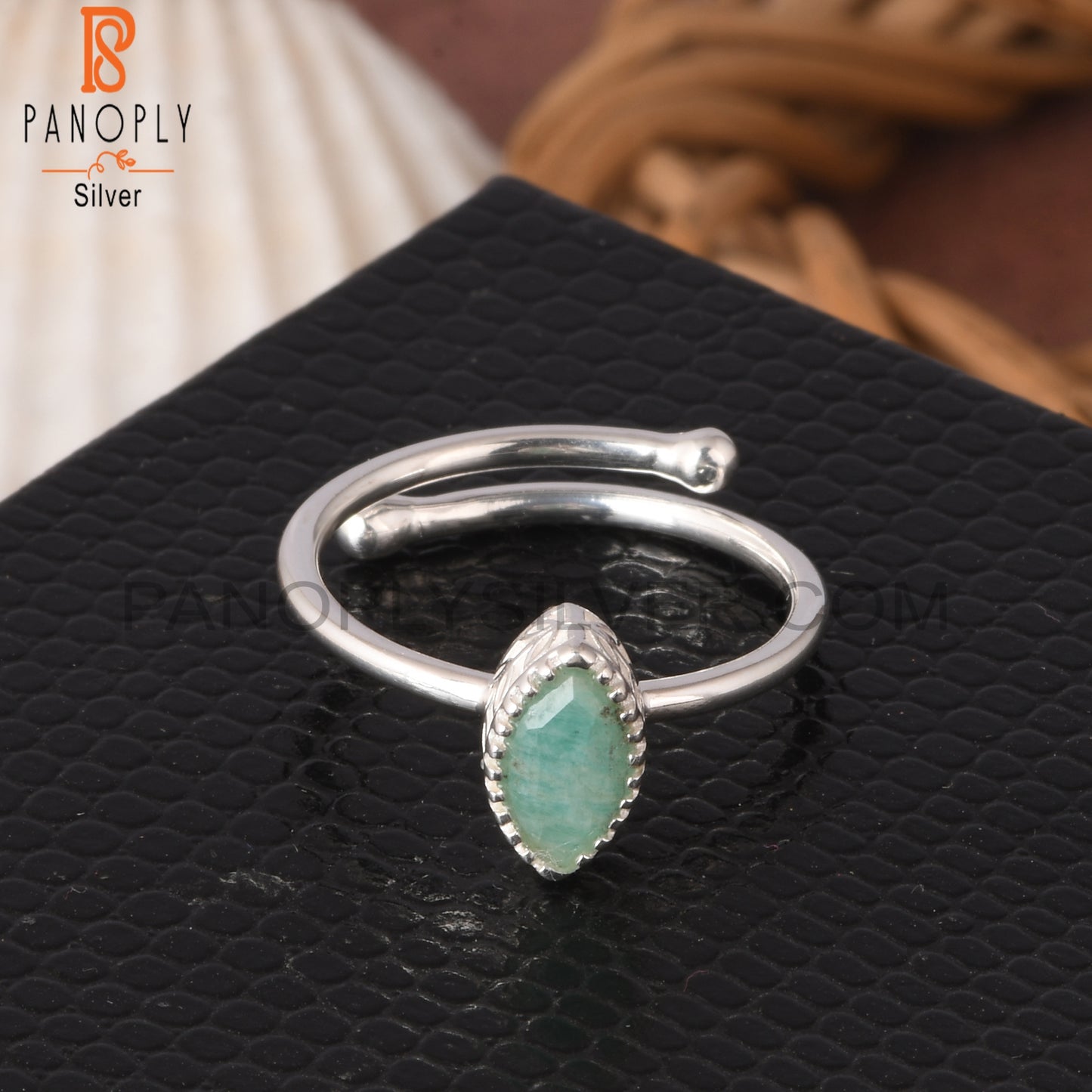 Adjustable Amazonite Marquise Shape 925 Sterling Silver Ring
