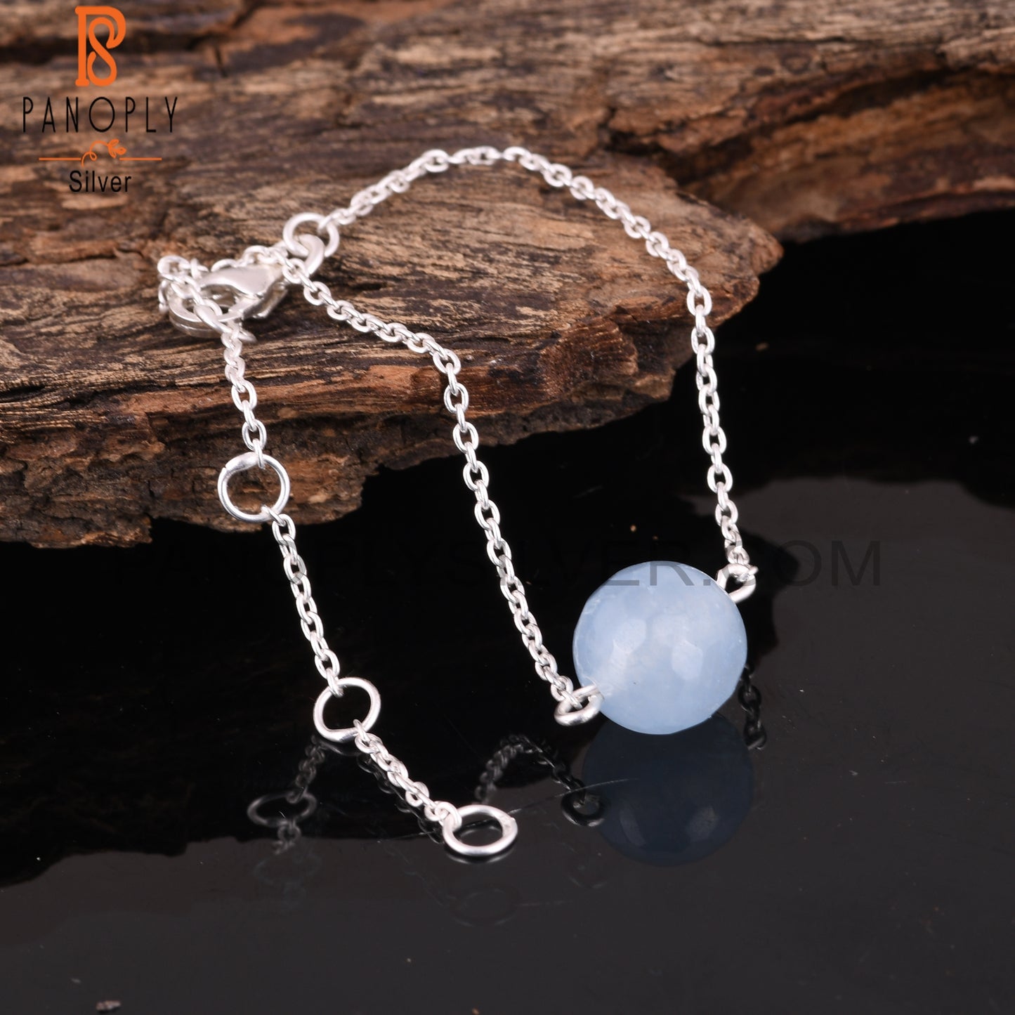 Aqua Chalcedony Round Shape 925 Sterling Silver Bracelet