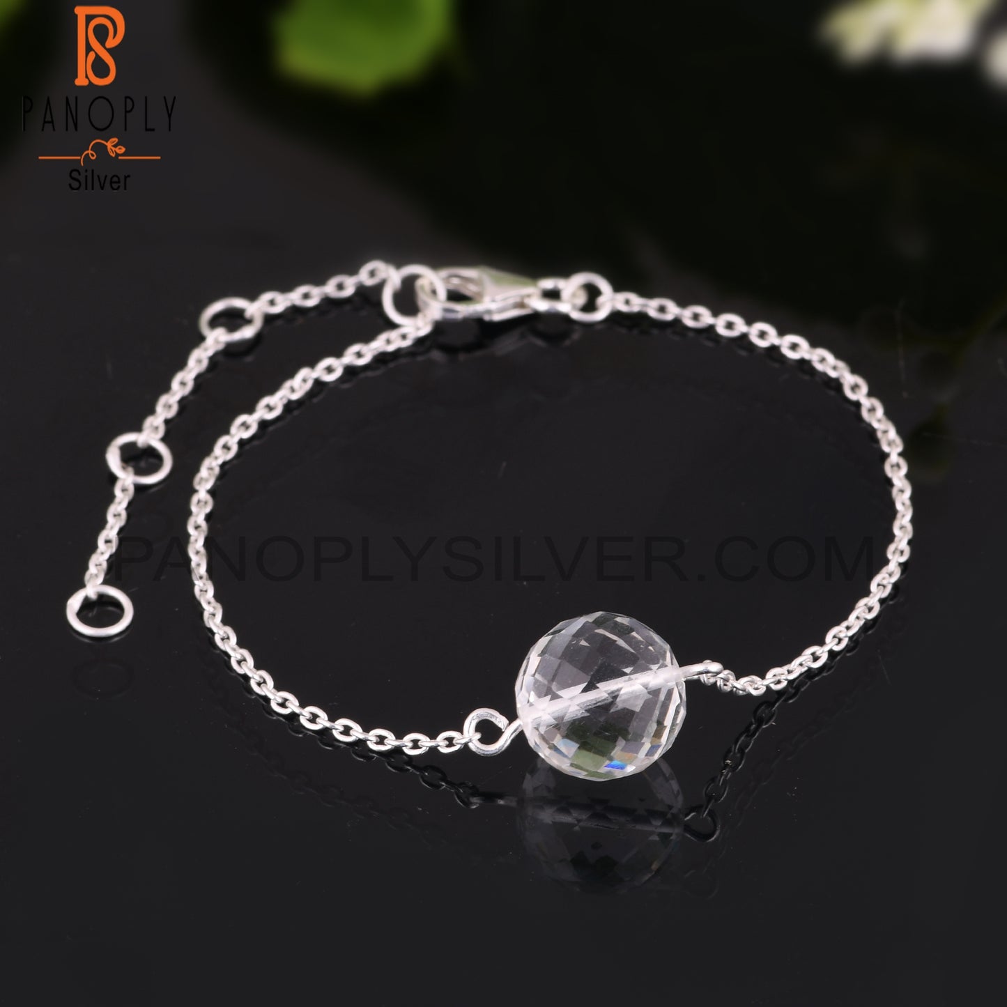 Crystal Quartz Round Shape 925 Sterling Silver Bracelet