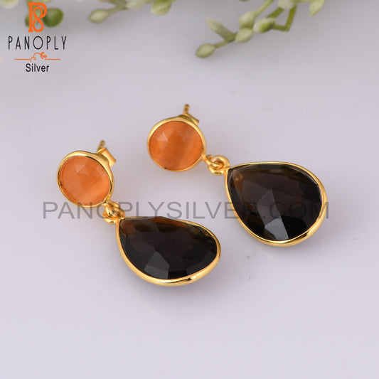 Smoky Quartz & Moonstone Peach Cultured 925 Silver Earrings