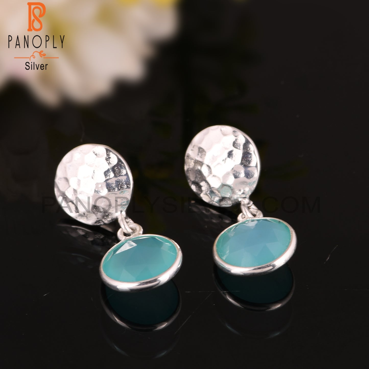 Aqua Chalcedony Lightweight Round 925 Silver Earrings
