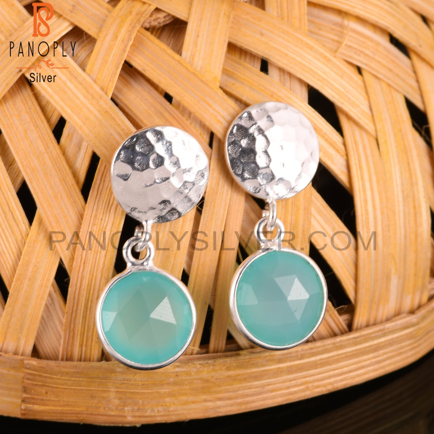 Aqua Chalcedony Lightweight Round 925 Silver Earrings