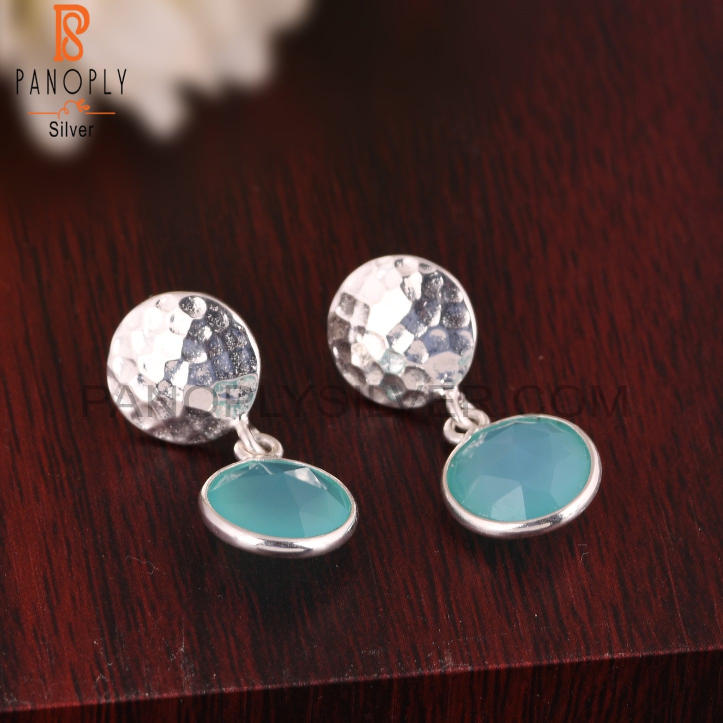 Aqua Chalcedony Lightweight Round 925 Silver Earrings