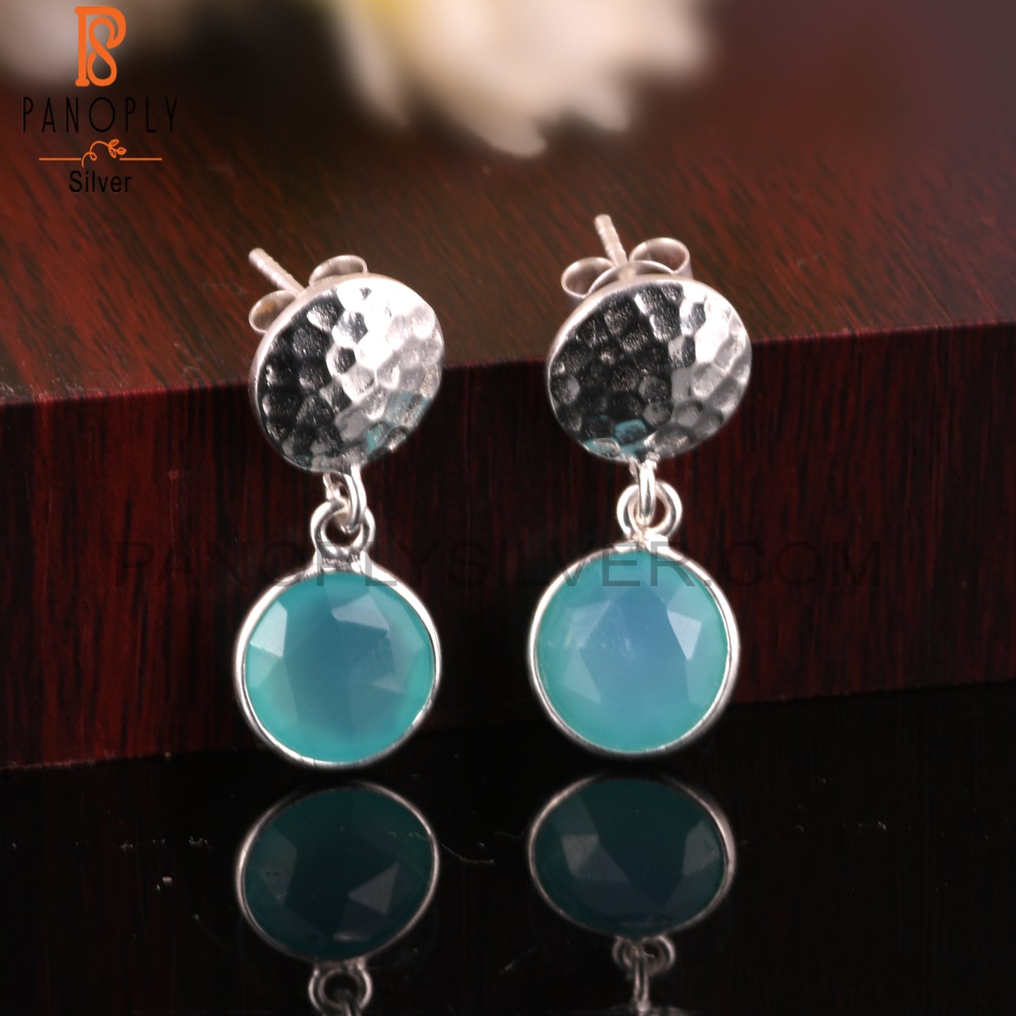 Aqua Chalcedony Lightweight Round 925 Silver Earrings