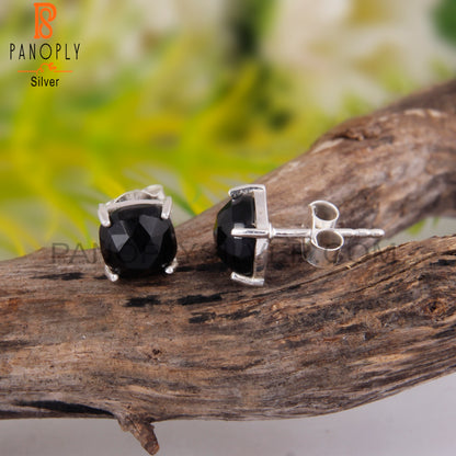 Black Onyx Cushion 925 Sterling Silver Studs Earrings