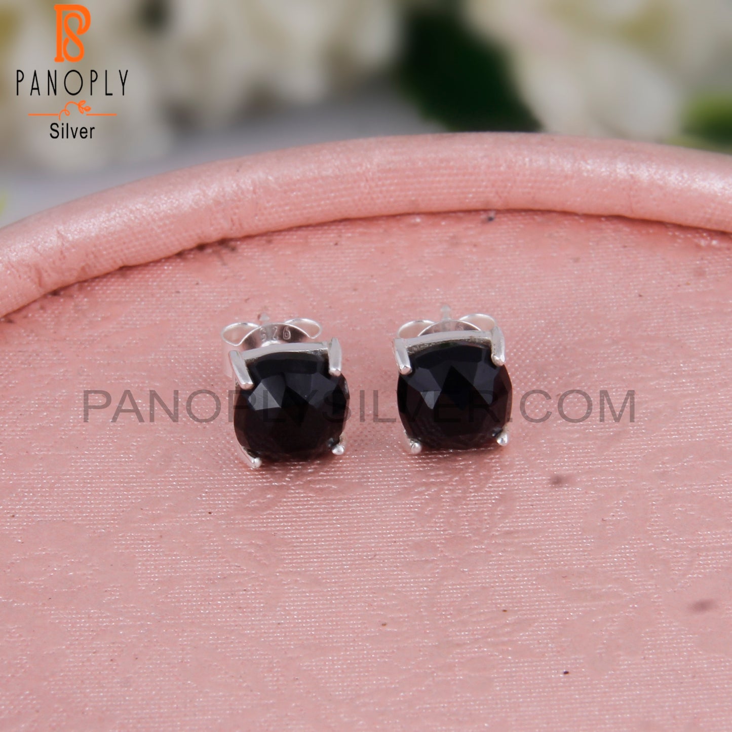Black Onyx Cushion 925 Sterling Silver Studs Earrings