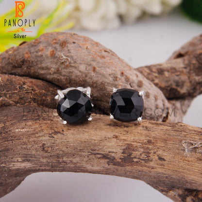 Black Onyx Cushion 925 Sterling Silver Studs Earrings