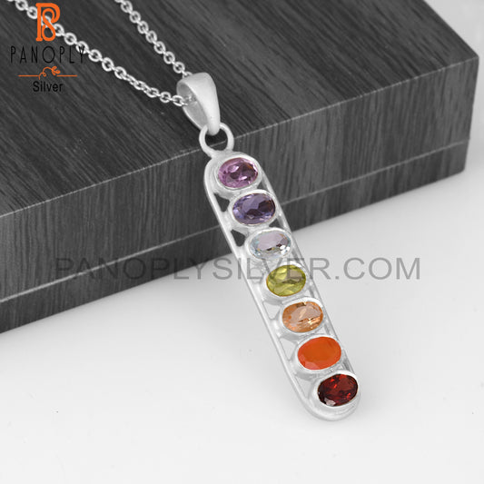 Multi Stone 925 Silver Bar Pendant Necklace