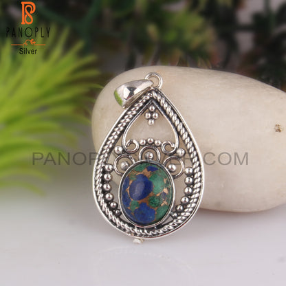 Mojave Copper Azurite Malachite Oval 925 Silver Pendant