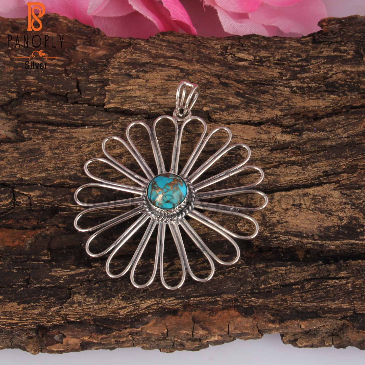 Mojave Copper Turquoise 925 Silver Floral Pendant