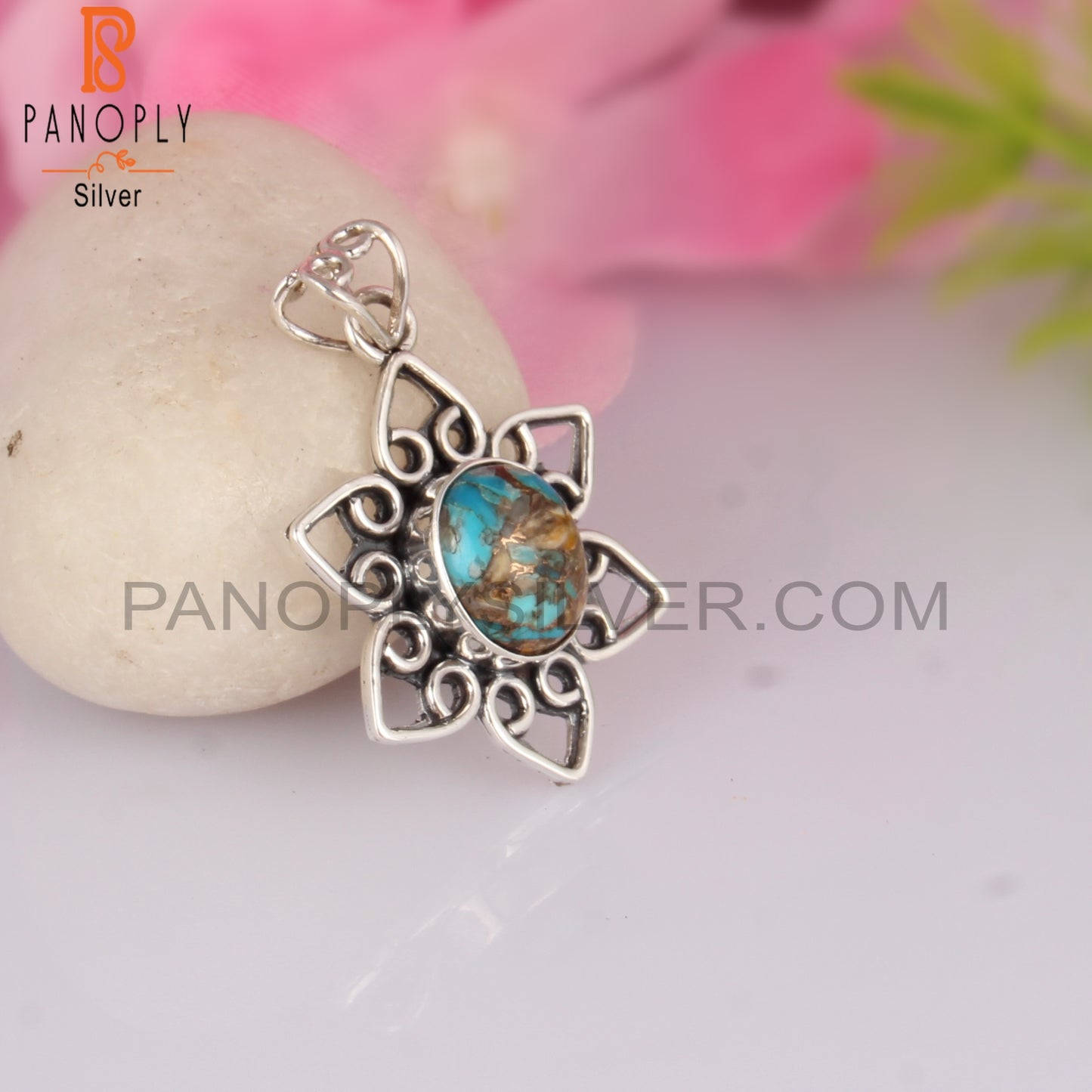 Mojave Copper Oyster Turquoise Flower Silver Pendant