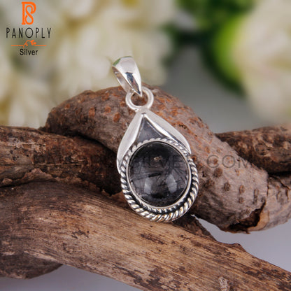 Black Rutile Oval Shape 925 Sterling Silver Pendant