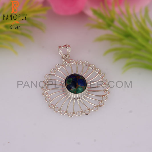 Mojave Copper Azurite Malachite 925 Silver Floral Pendant