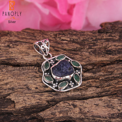 Emerald & Tanzanite 925 Sterling Silver Pendant