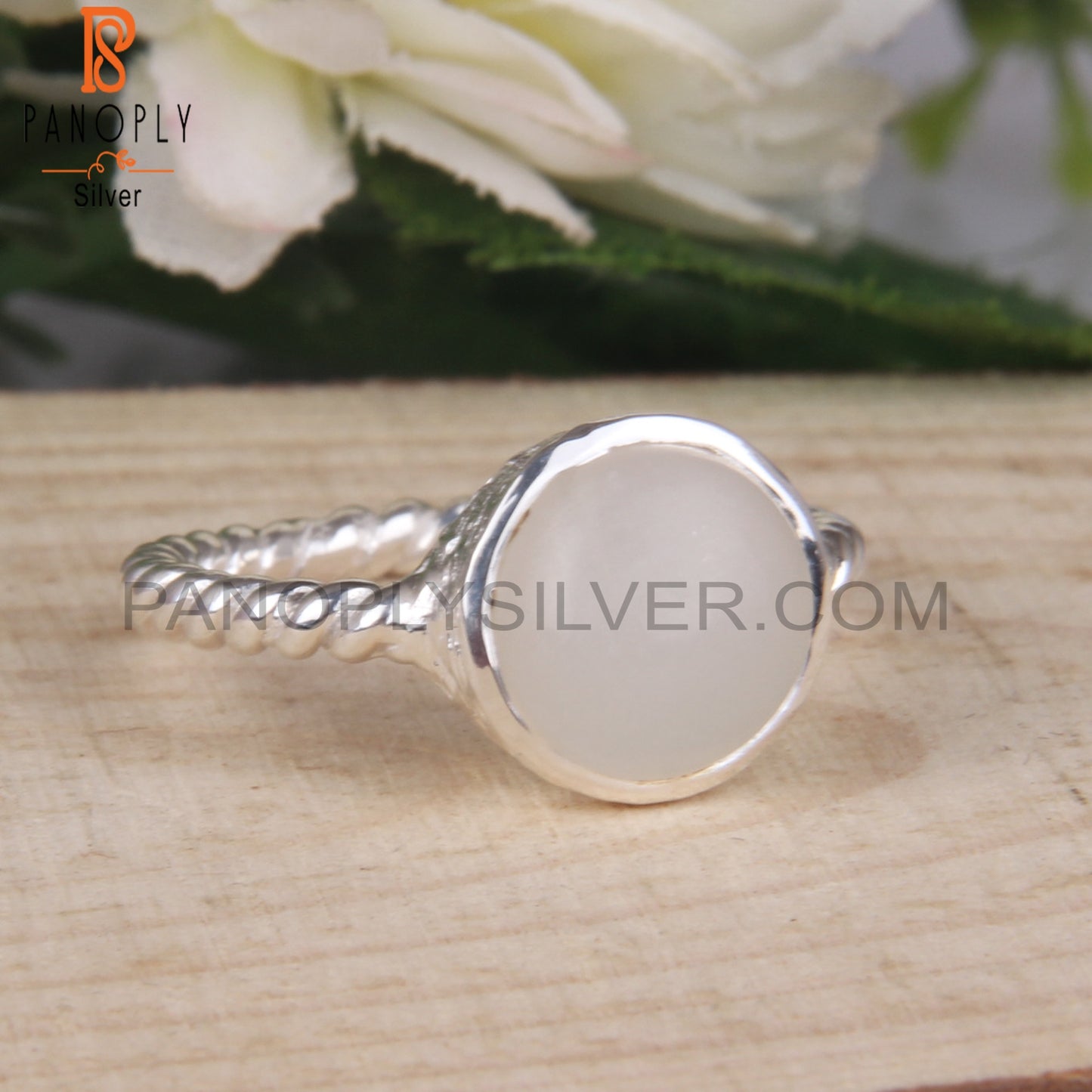 Twist Band White Moonstone 925 Sterling Silver Ring