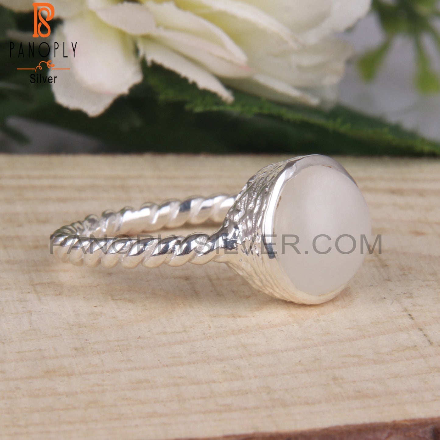 Twist Band White Moonstone 925 Sterling Silver Ring