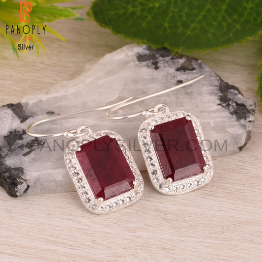 White Topaz & Natural Corundum Ruby 925 Silver Earrings