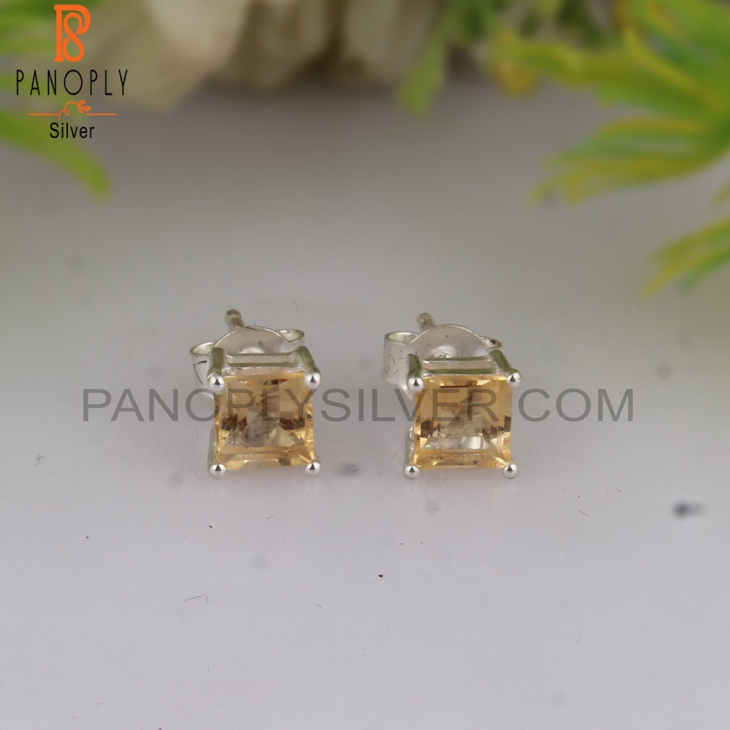 Citrine Square Shape 925 Sterling Silver Studs Earrings