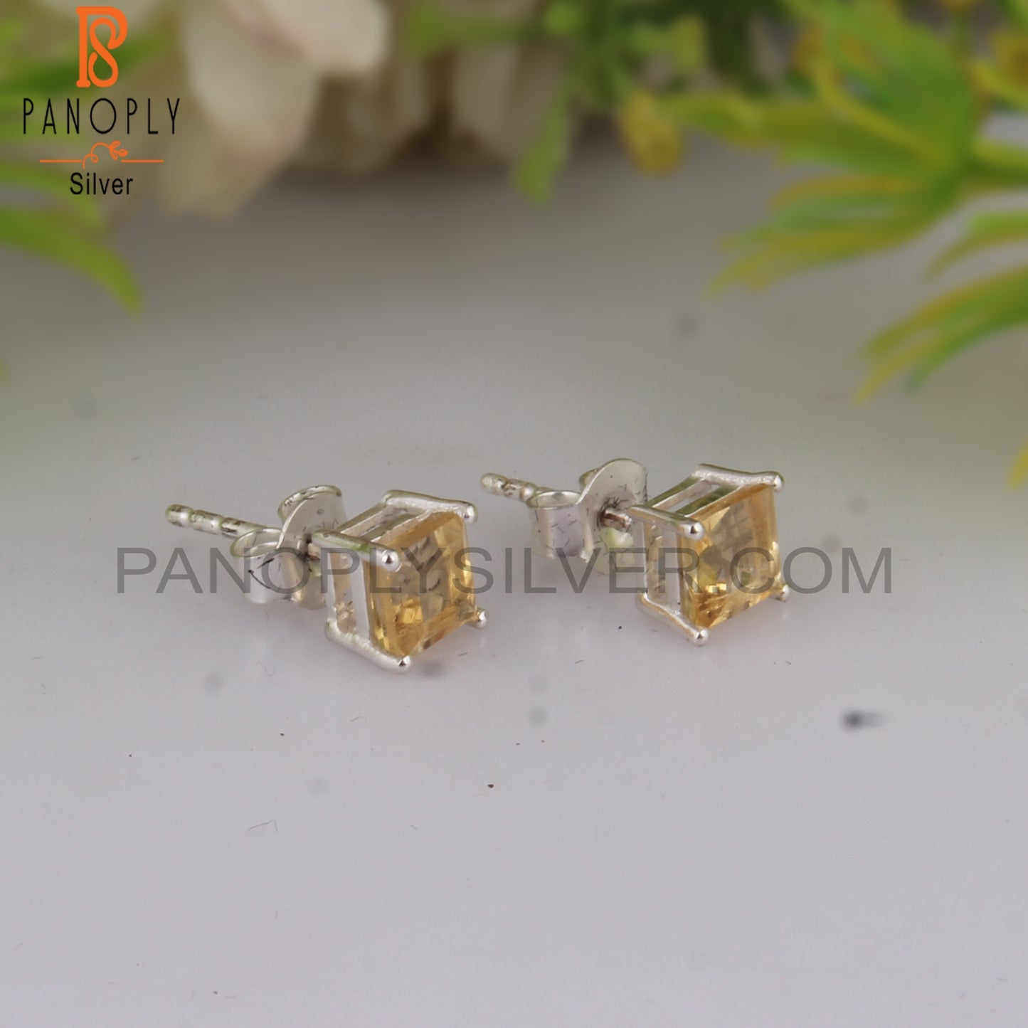 Citrine Square Shape 925 Sterling Silver Studs Earrings