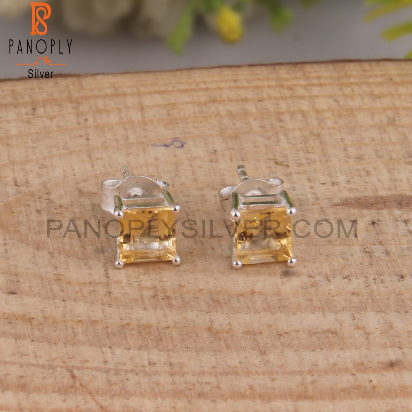 Citrine Square Shape 925 Sterling Silver Studs Earrings