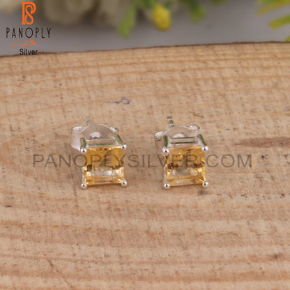 Citrine Square Shape 925 Sterling Silver Studs Earrings