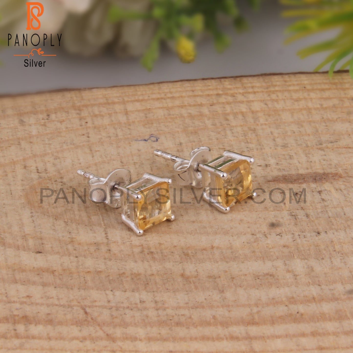 Citrine Square Shape 925 Sterling Silver Studs Earrings