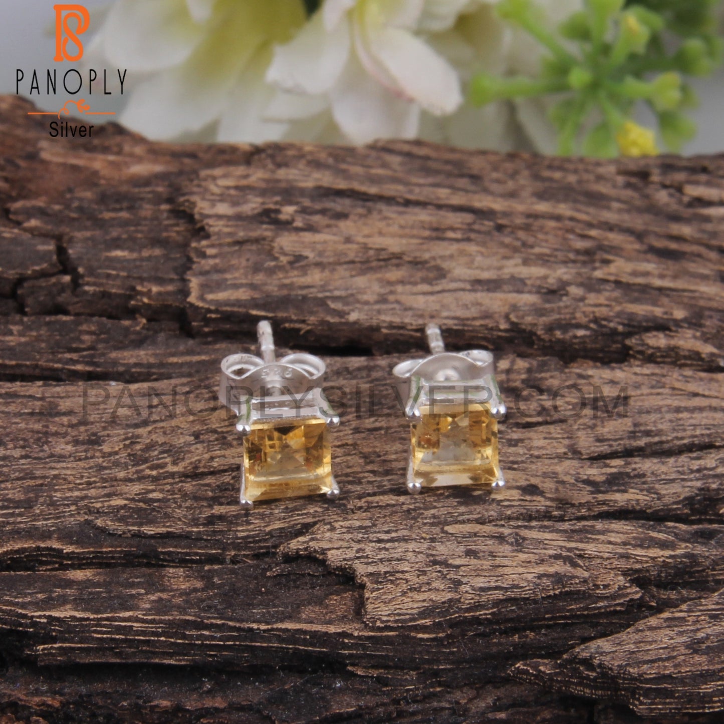 Citrine Square Shape 925 Sterling Silver Studs Earrings