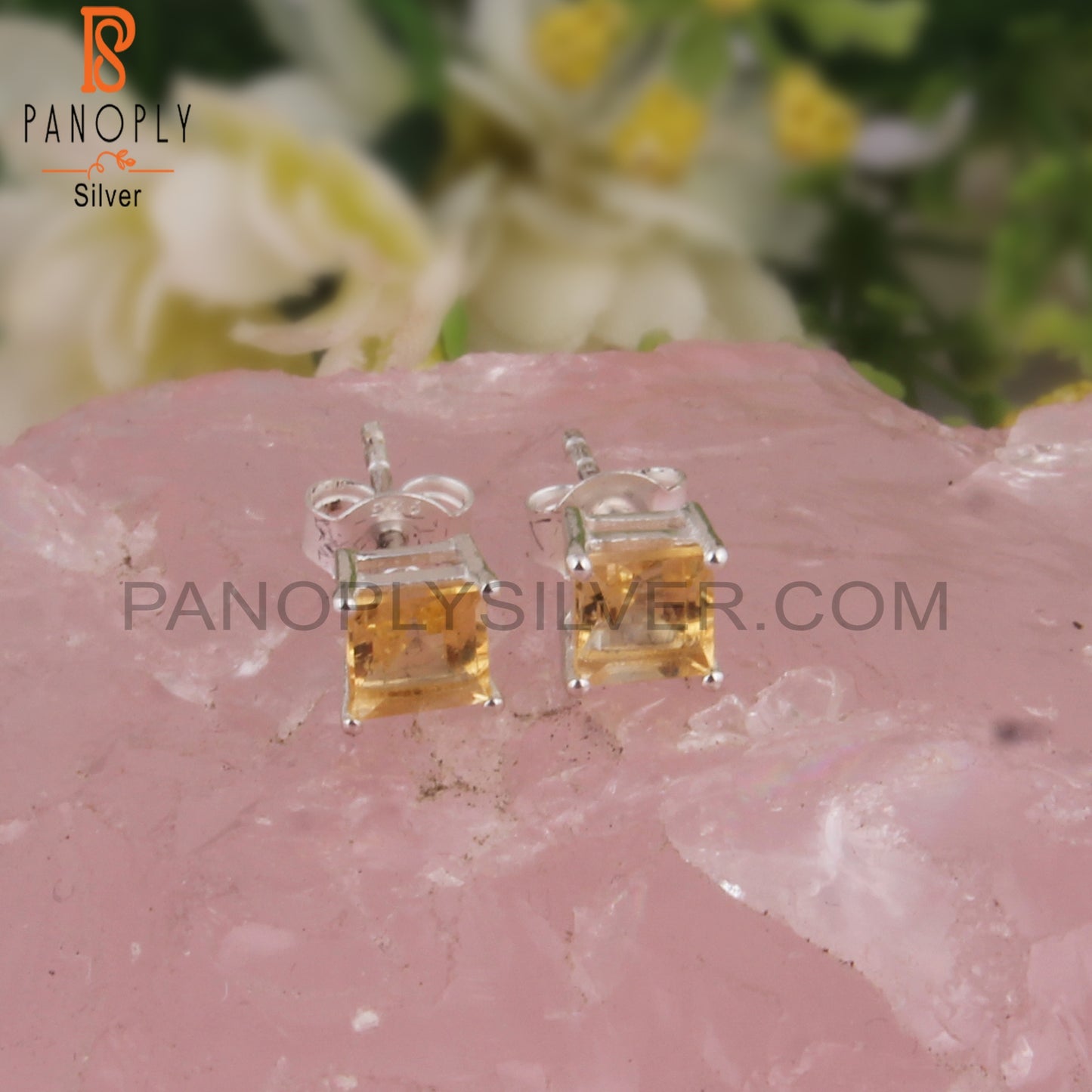 Citrine Square Shape 925 Sterling Silver Studs Earrings