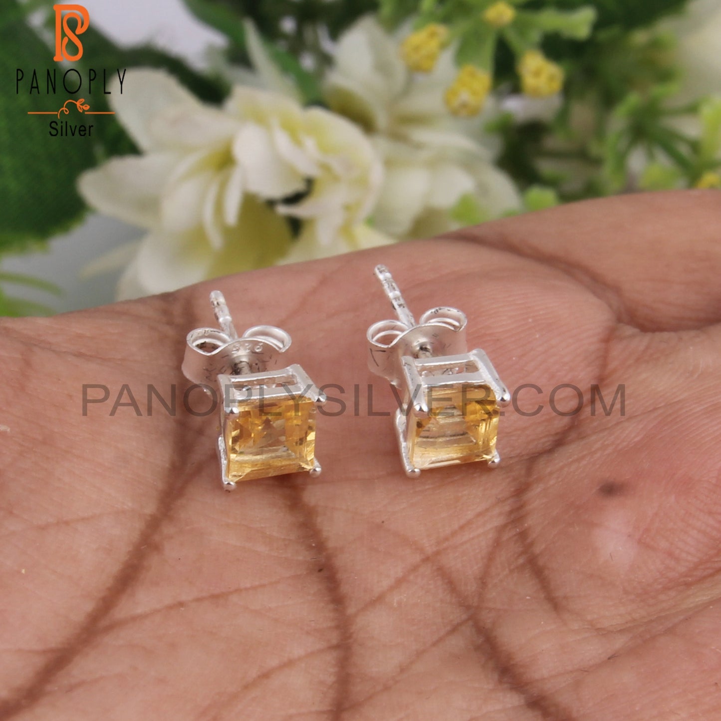Citrine Square Shape 925 Sterling Silver Studs Earrings