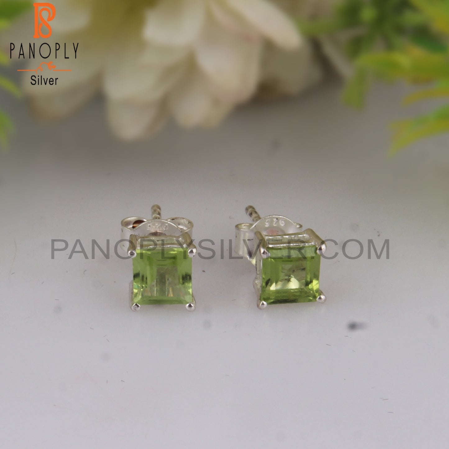 Peridot Square Shape 925 Sterling Silver Studs Earrings