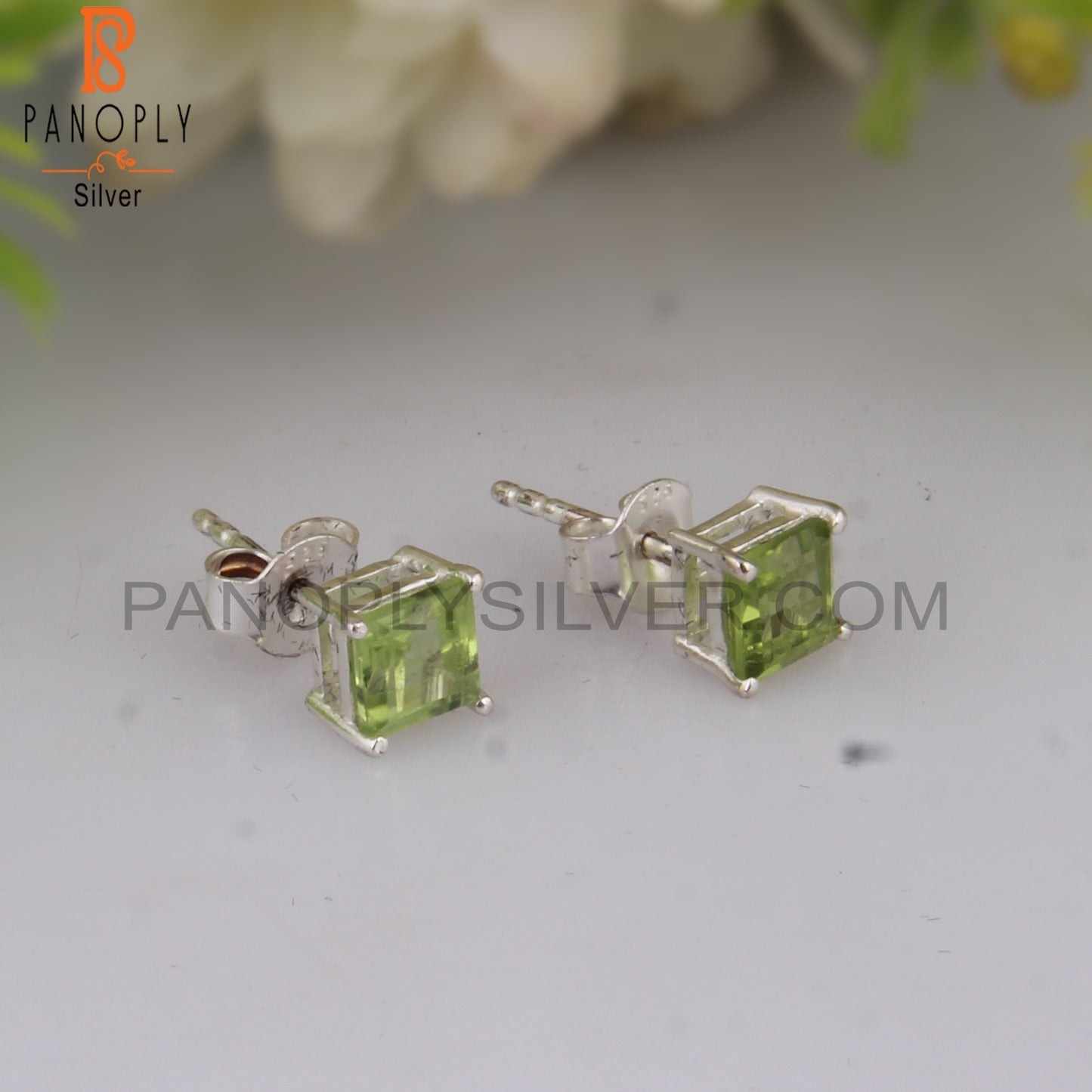 Peridot Square Shape 925 Sterling Silver Studs Earrings