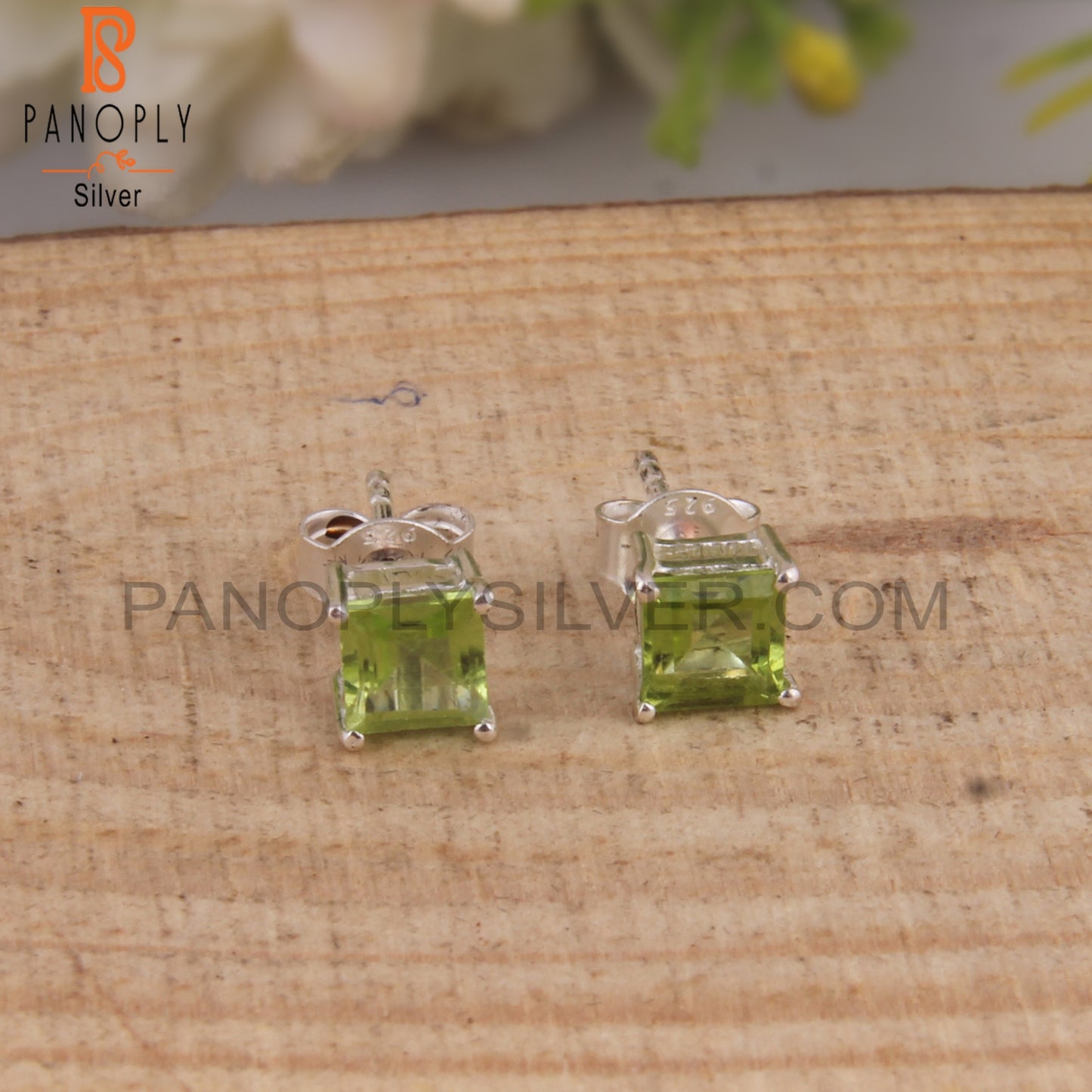 Peridot Square Shape 925 Sterling Silver Studs Earrings