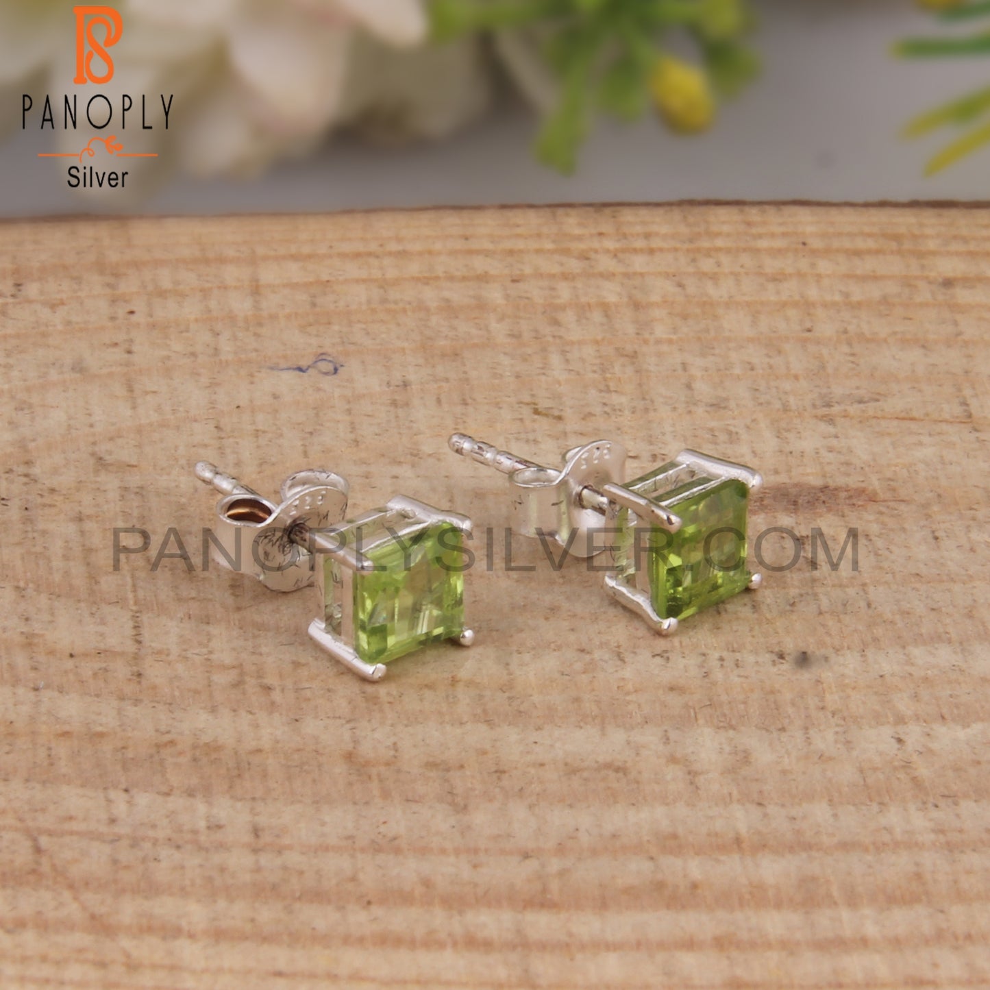 Peridot Square Shape 925 Sterling Silver Studs Earrings