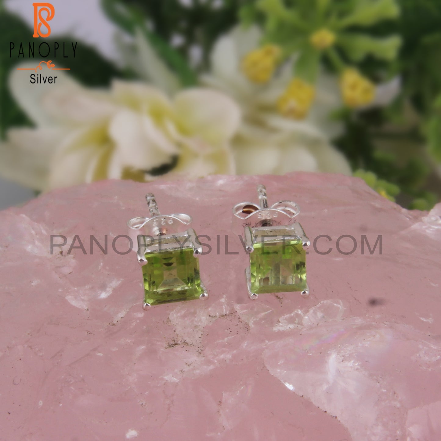 Peridot Square Shape 925 Sterling Silver Studs Earrings