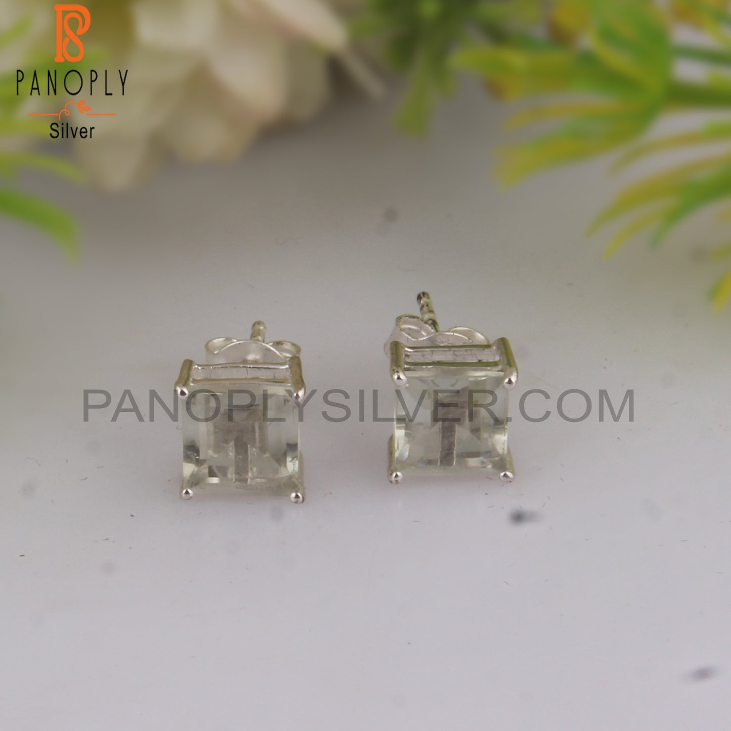 Green Amethyst Square Shape Stone 925 Silver Studs Earrings