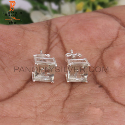 Green Amethyst Square Shape Stone 925 Silver Studs Earrings
