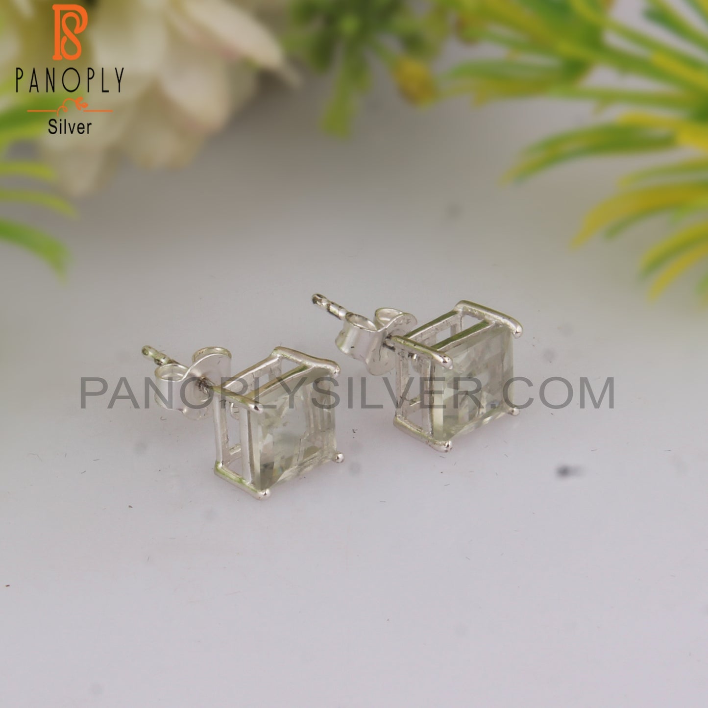 Green Amethyst Square Shape Stone 925 Silver Studs Earrings