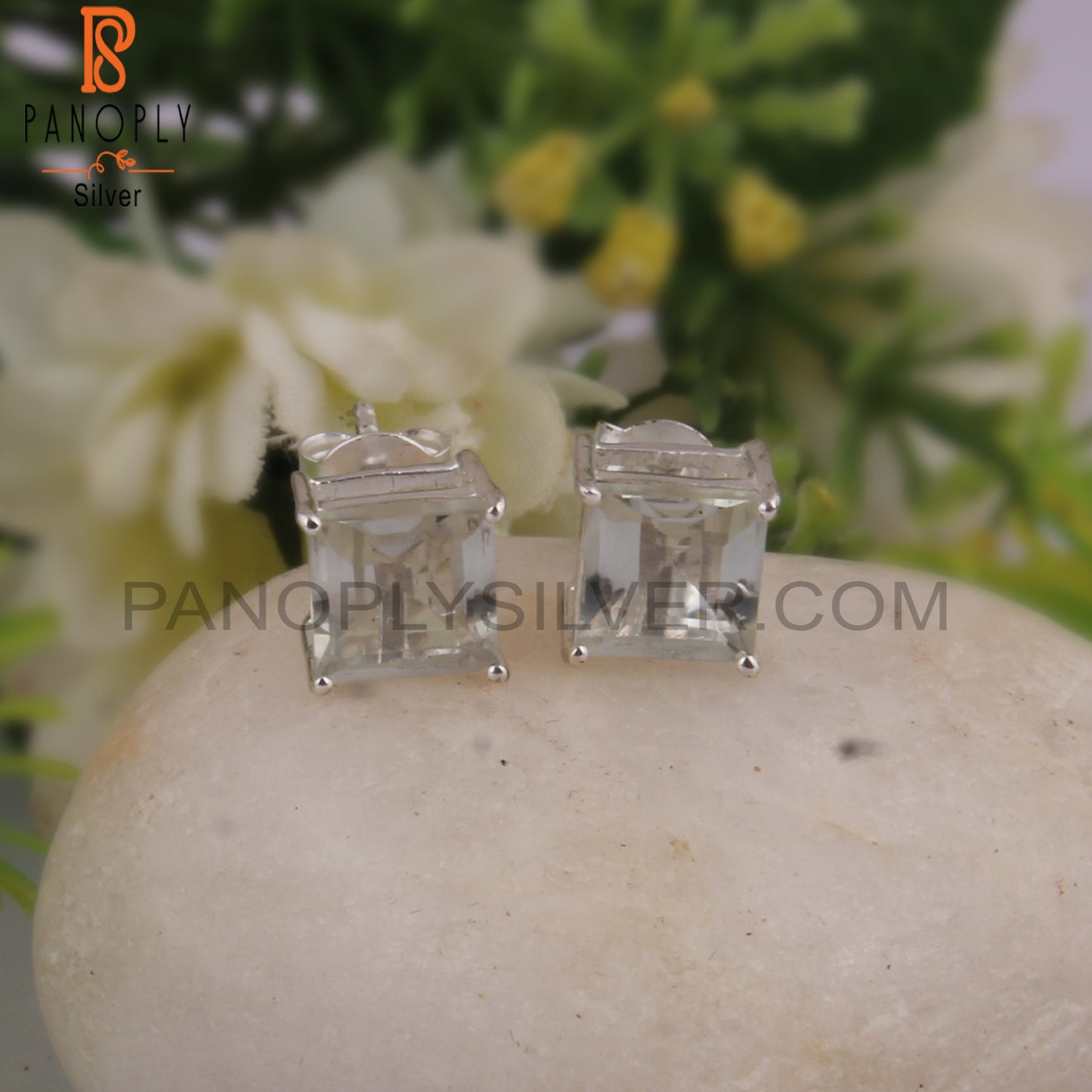 Green Amethyst Square Shape Stone 925 Silver Studs Earrings