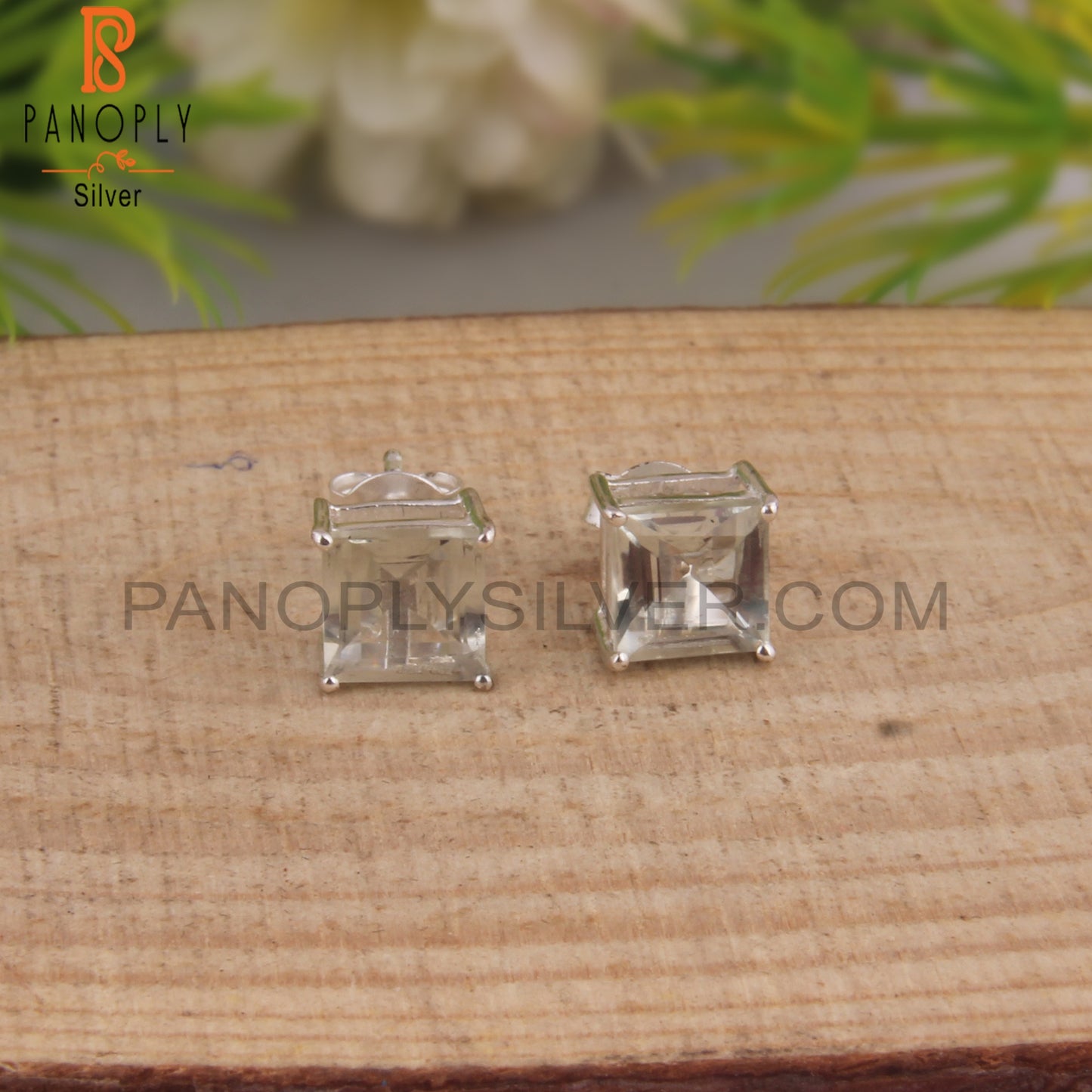 Green Amethyst Square Shape Stone 925 Silver Studs Earrings