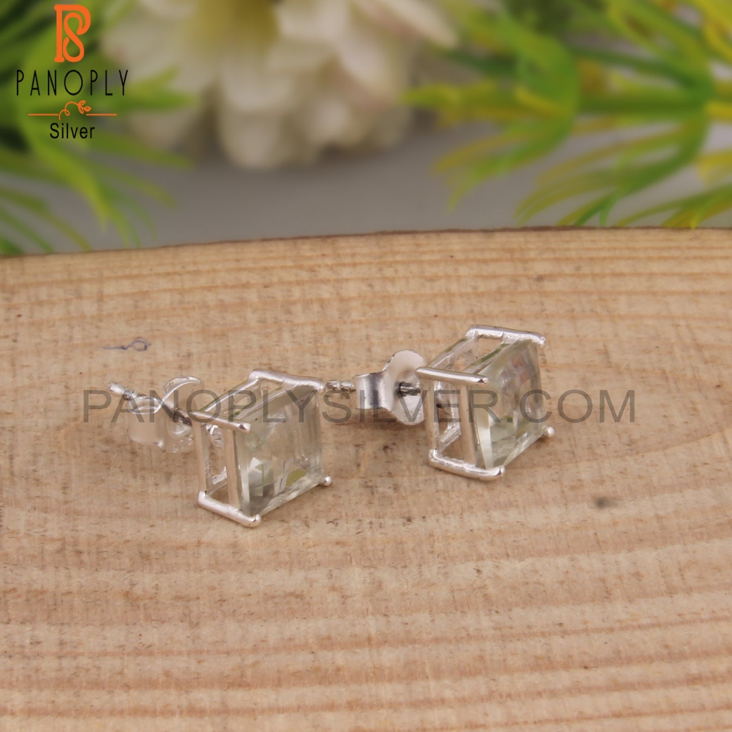 Green Amethyst Square Shape Stone 925 Silver Studs Earrings