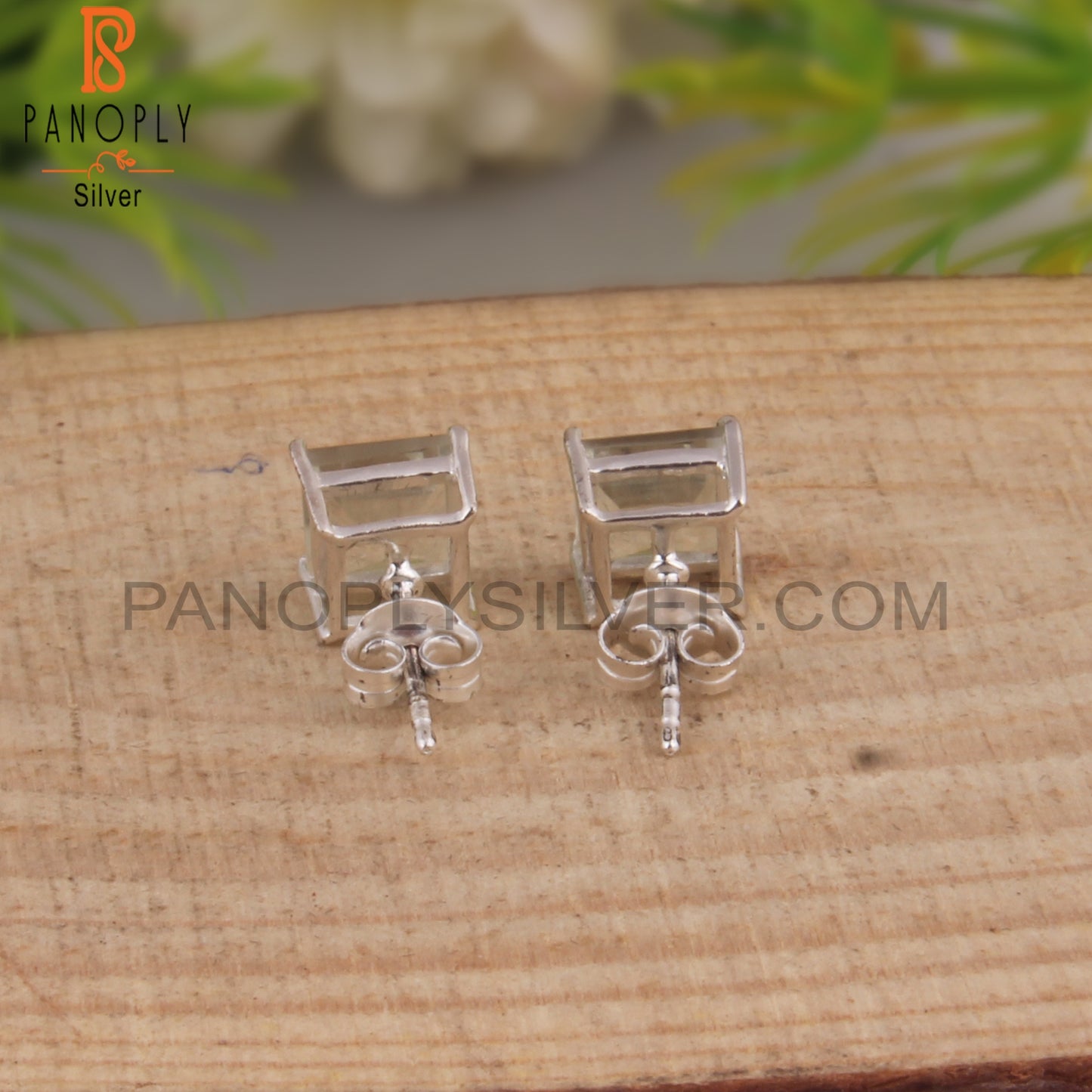 Green Amethyst Square Shape Stone 925 Silver Studs Earrings
